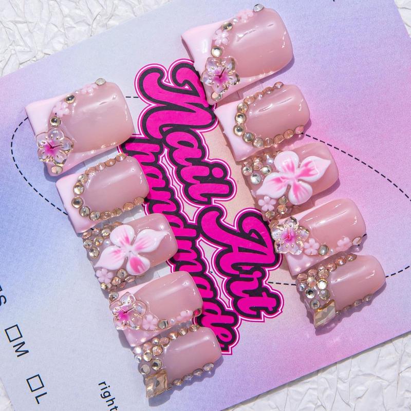 Delicate Y2K-Style Duckbill Nail Tips with Handmade Rhinestones and Heart Design, Nail Art Diy, Perfect Gift for Women