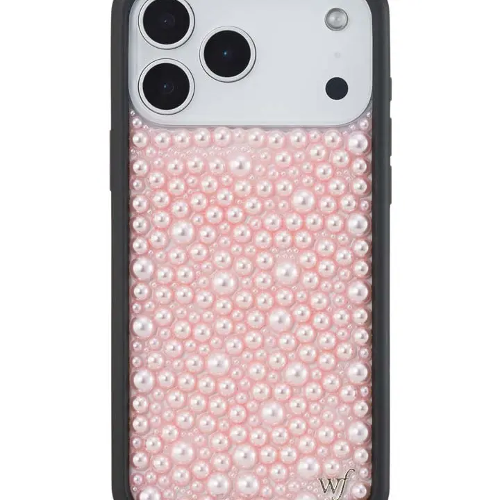Wildflower Cases Limited Edition Luminous Pink Pearl Durable Rubber Protective Cover for iPhone 15 - Raised Black Bumper, Shiny Pink & White Pearls Background, Handheld Custom Design, Women’s Owned Small Business, Gift for Her, Screen Protector Compatible