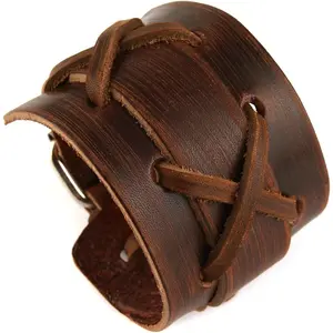 Authentic Wide Genuine Leather Casual Mens Brown Cuff Bangle Bracelet