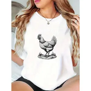 Women's White T-Shirt with "Fluent in Chicken Language" & Vintage Hen Grass Print, Casual Farm Life Tee for Animal Lovers, Chicken Owners, Ideal for Daily Wear, Easter or Farm-Themed Gatherings 100% Cotton T-shirt