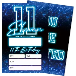 Blue 11th Birthday Party Invitations for Boys, Glow Neon Birthday Invitations, 20 Double Sided Invite Cards with Envelopes for Kids Girls, Party Decorations Supplies, 4"x6"-C11