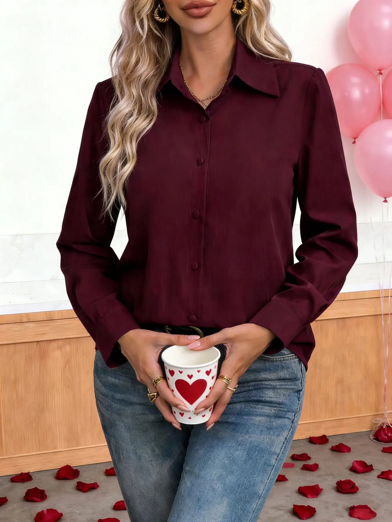 Elegant Women's Wine Long Sleeve Shirt Blouse, Comfortable Fabric, Versatile for Holidays and Parties, Fitted Style, Fall & Winter Wear