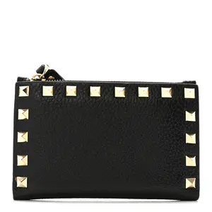 Pre-owned Leather Small Leather Goods Valentino Garavani Pebbled Calfskin Rockstud Coin Case Card Holder Black