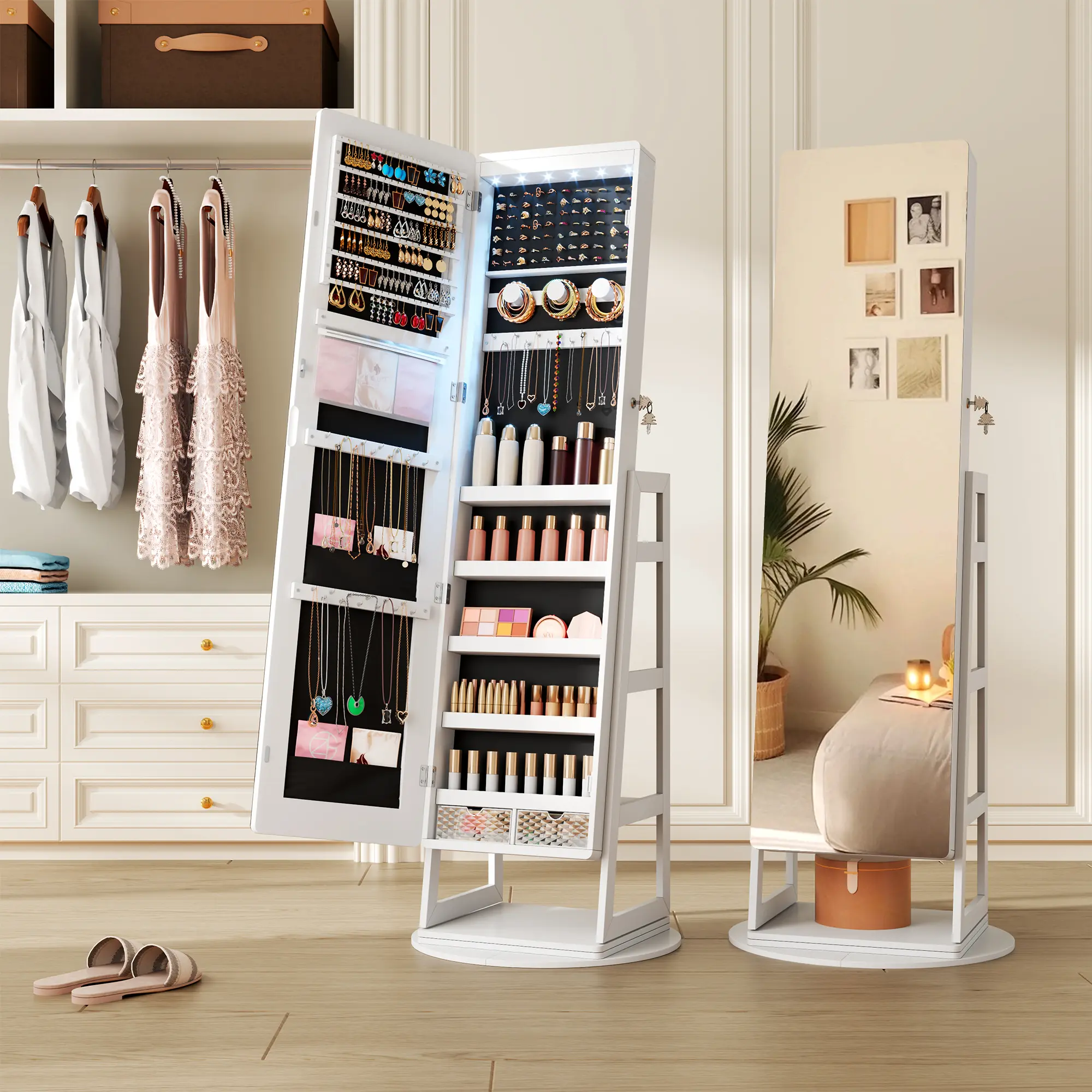 Vlsrka Standing Jewelry Mirror Organizer 6 LED Swivel Jewelry Cabinet White | Framelss Full Length Mirror with Jewelry Storage, Lockable Jewelry Armoire with 4 Rear Shelves and Hooks for Women Gift