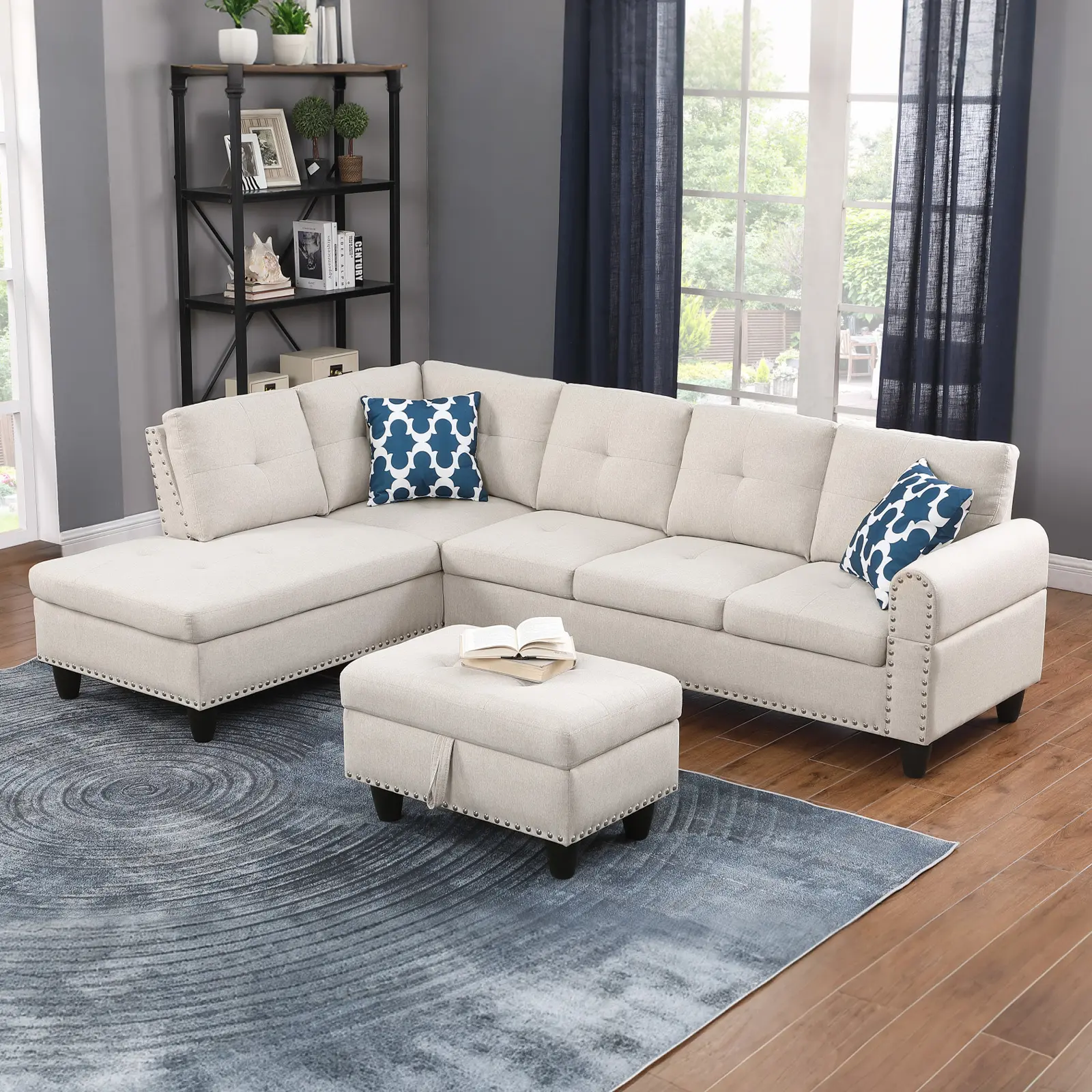【3 Packages Shipped】Modern L Shaped Sectional Sofa with Drop Down Cup Holder Table Storage Ottoman Nailhead Trim Linen Sectional Couch 4 Seat Corner Sofa Set for Living Room Apartment Cream