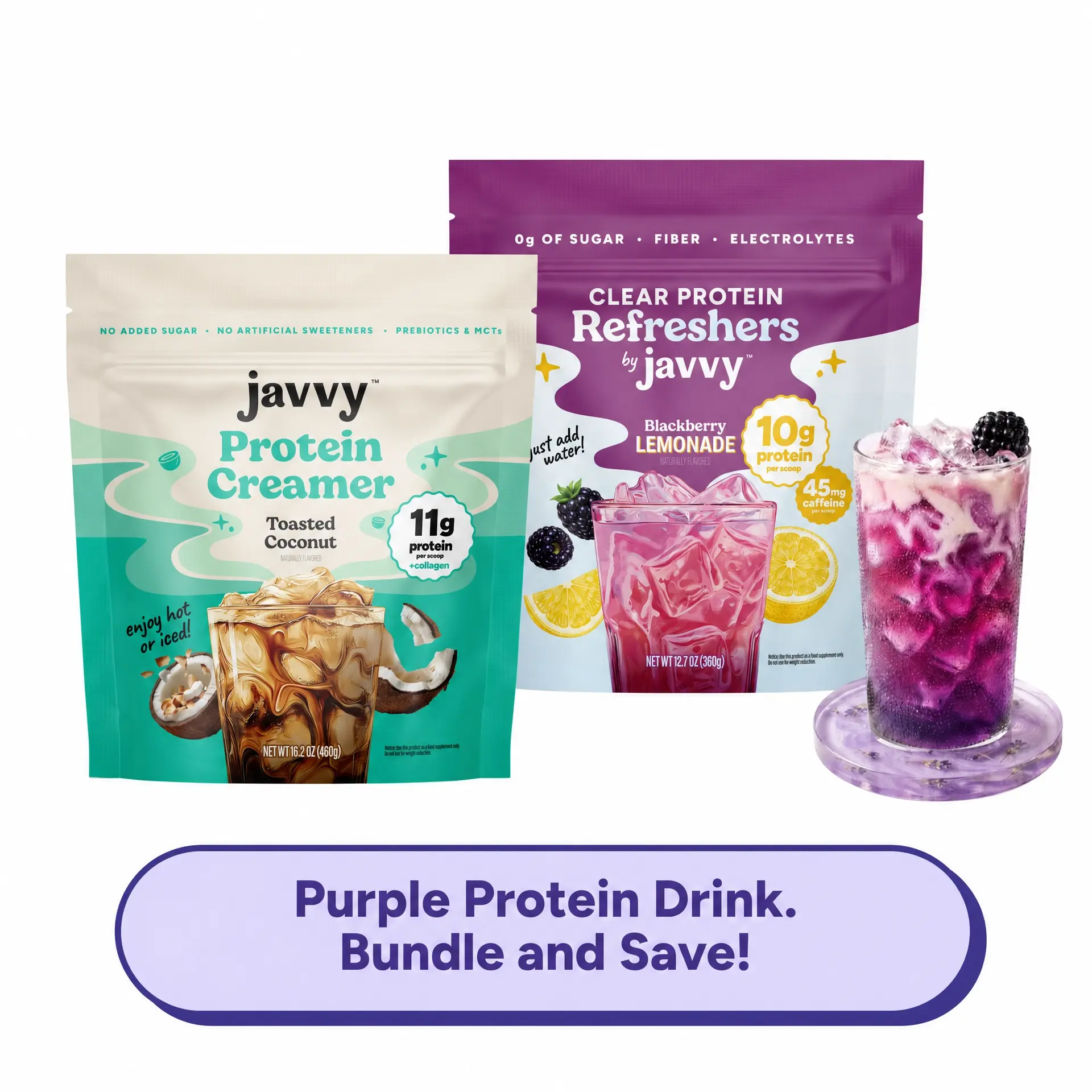 Javvy Twilight Cloud Protein Drink Bundle Blackberry Lemonade Refresher & Toasted Coconut Collagen Protein Creamer with Clear Whey, Electrolytes & Collagen, Keto Friendly, No Added Sugar