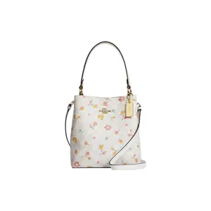 COACH Town 22 Classic Monogram Bucket Bag for Women, Minimalist Print Coated Canvas and Smooth Leather, Beige
