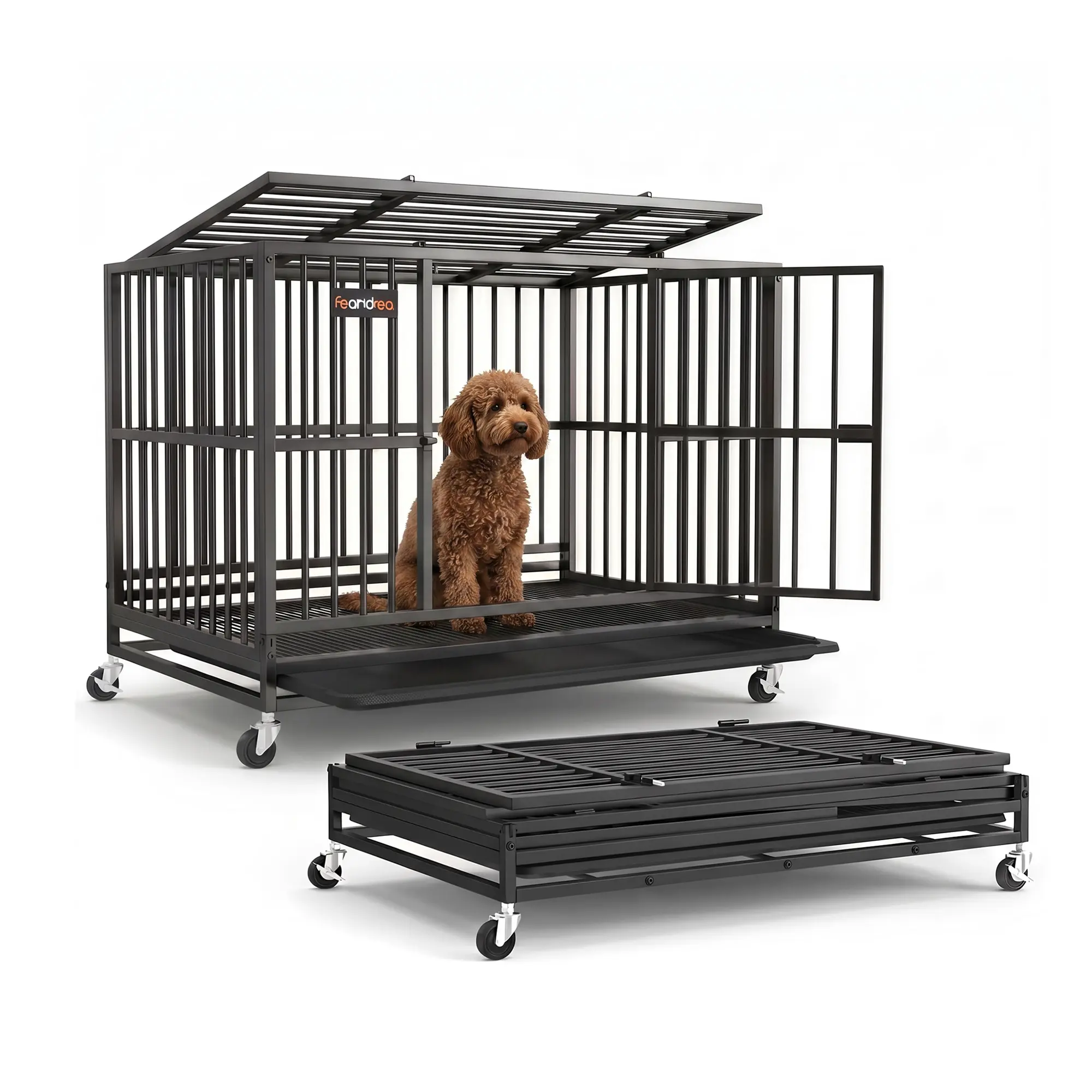 Feandrea Heavy-Duty Dog Crate, 5-Minute Quick Assembly, Foldable Dog Kennel Cage with Lockable Wheels, Double Doors, Escape Proof Fixed Bottom, Removable Tray, Easy to Clean