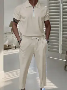 Men's Polo Tracksuit Set - Short Sleeve Half - Zip Top & Drawstring Waist Pants. Crafted for Comfort, Ideal for Casual Lounging, Outdoor Walks & Light Workouts. Elevate Your Relaxed Style with This Sleek, Versatile Two - Piece Ensemble Casual Sportswear