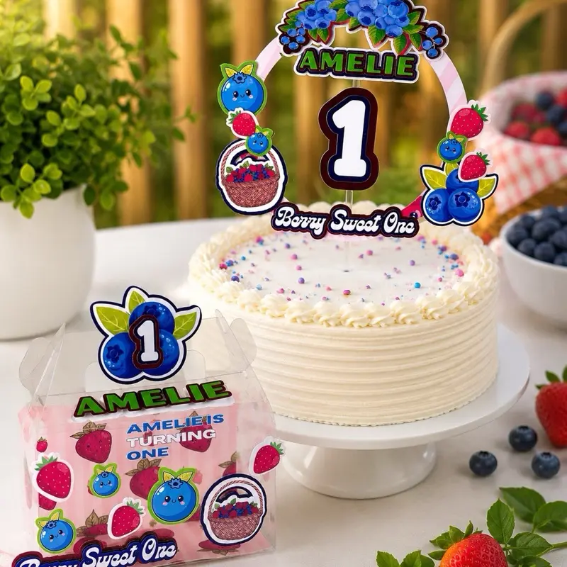 Berry Sweet First Birthday Party Bundle - Personalized Strawberry/Blueberry Cake Topper, Reusable Favor Box | Set of 6-24