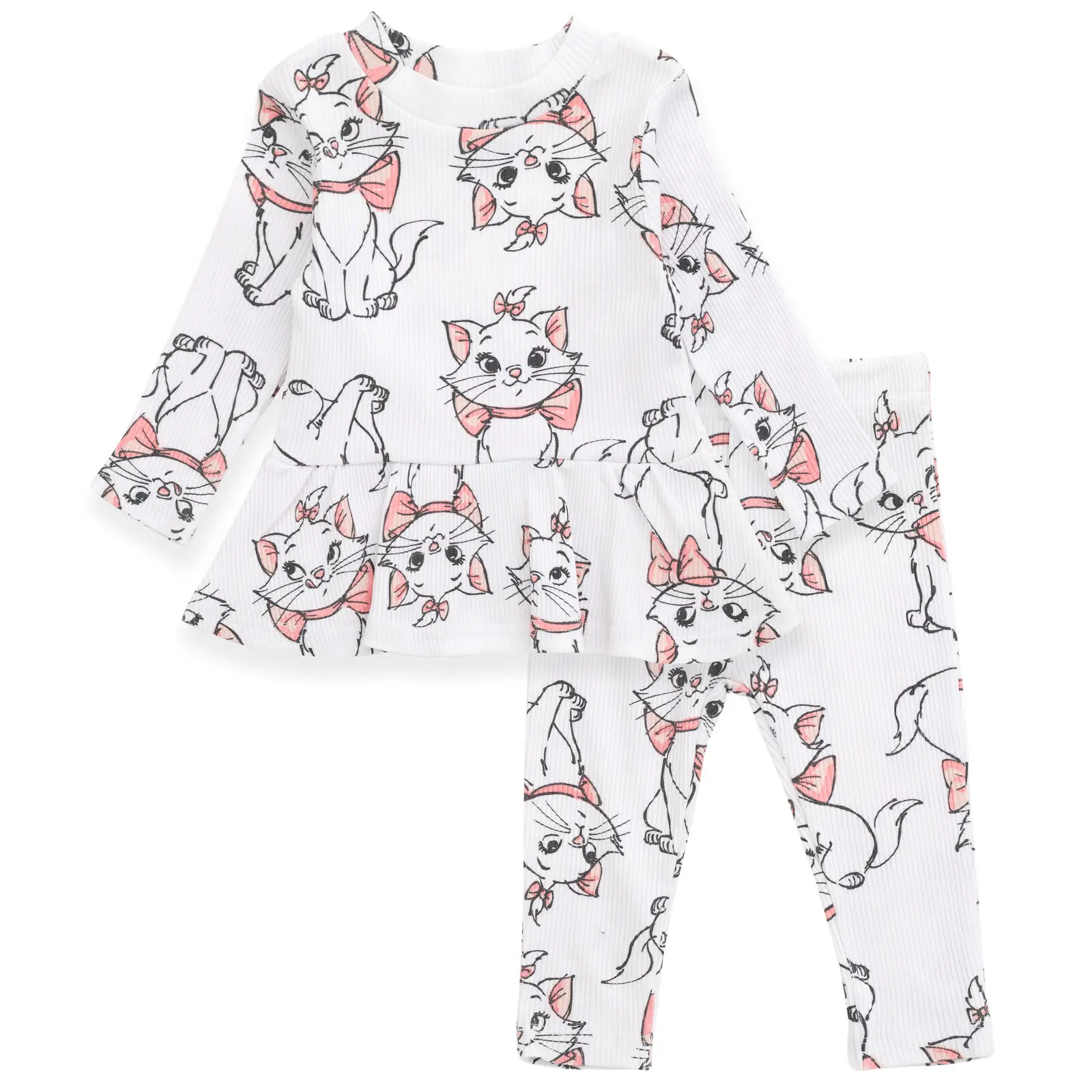 Disney Toddler Girls' 2-Piece Matching Set, The Aristocats Marie Print Ribbed Knit Peplum Long Sleeve Shirt and Pants, Sizes 12M-5T, Pastels Print, Elastic Waist, Snap Closures, 2T, 12 Months, Pastel Cute Pajamas, Soft Breathable Pjs, Cartoon Print Pajama