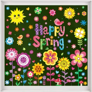 Spring Floral Window Stickers, Wall Art Stickers, Happy Spring Bird Flower Decals, Decorative Decal, Colorful Static Adhesive, Home Classroom Shop Glass Decor
