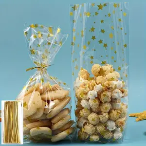 50PCS Premium Golden Star Printed OPP Candy & Biscuit Bags - Concave Bottom Design for Enhanced Stability - Ideal for Birthdays, Weddings, & Holidays - Durable, Eye-Catching, and Festive