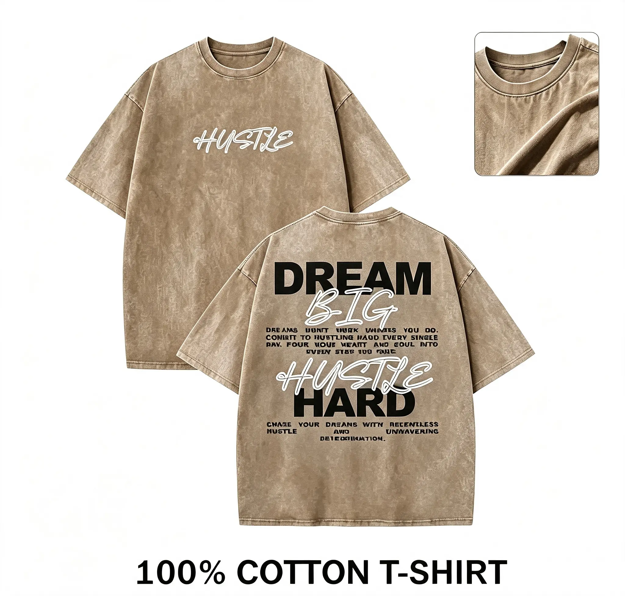 Vintage Washed Motivational T-Shirt, Dream Big Hustle Hard Back Graphic Tee, 100% Cotton Oversized Loose Fit Unisex Inspirational Streetwear Casual Top,Christian Faith T-Shirt,quote tee