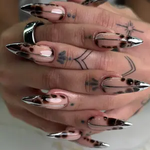 Chrome Leopard Press On Nails  Silver Metallic Nude Long Almond Fake Nails Reusable