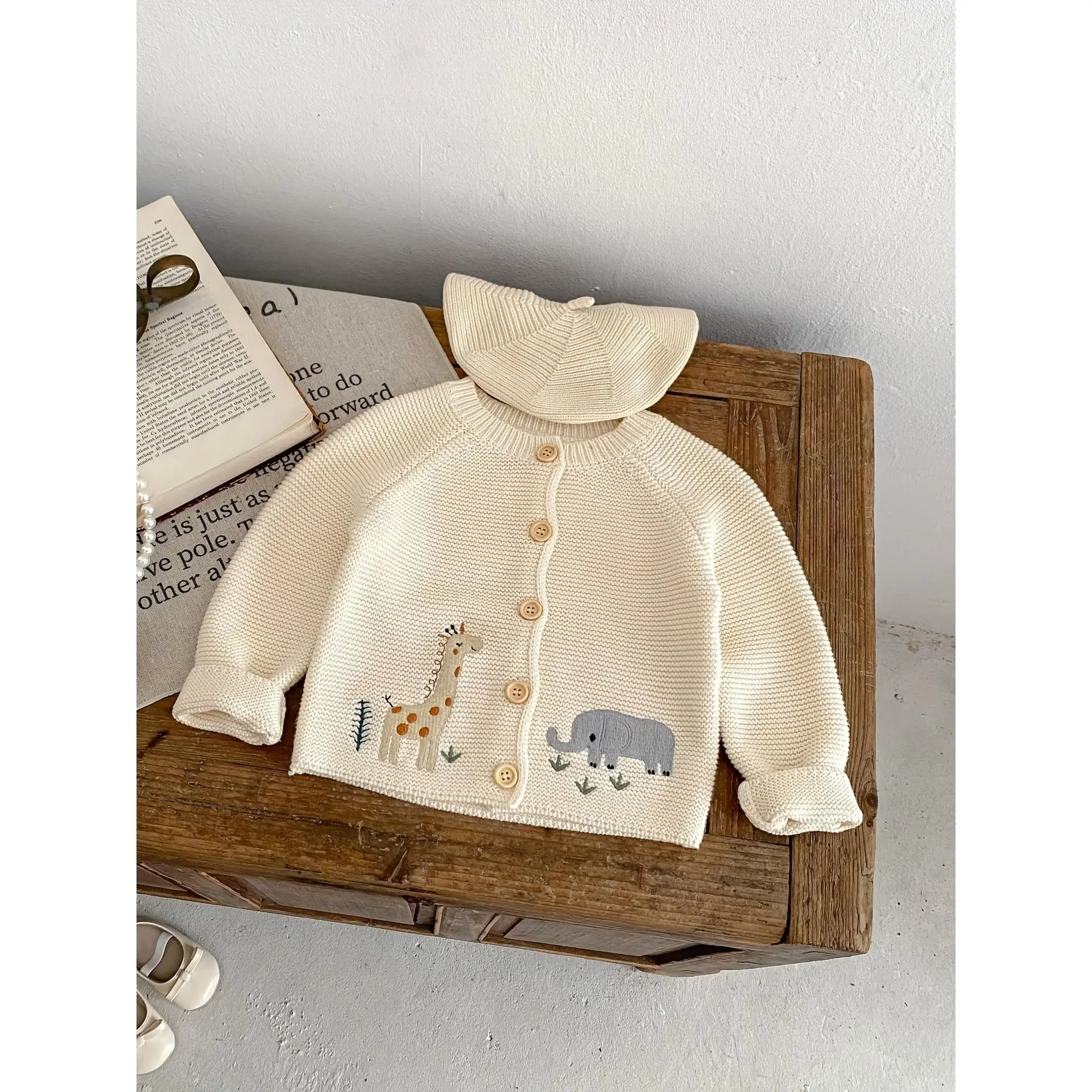 Adorable & Animal Print Cardigan - Soft Cream Knit Pullover with Giraffe & Elephant Embroidery, Long Sleeve, Button-Up, Casual Spring & Fall Top for Youngsters, Clothing |     Playful Print Top |     Knit Construction, Clothes