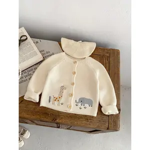 Adorable & Animal Print Cardigan - Soft Cream Knit Pullover with Giraffe & Elephant Embroidery, Long Sleeve, Button-Up, Casual Spring & Fall Top for Youngsters, Clothing |     Playful Print Top |     Knit Construction, Clothes