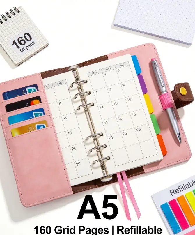 A5 Refillable Planner Binder with 160 Grid Pages, 6-Ring PU Leather Notebook for School, Work and Budget Planning