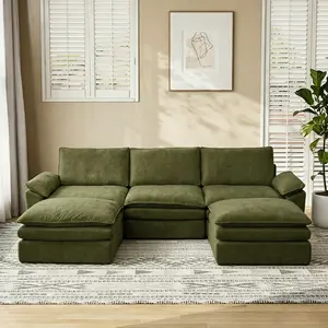118" Grey Corduroy Cloud Sectional Sofa, Vacuum Compressed Modular L-Shaped Couch with Ottoman, Oversized Comfy Deep Seat Sofa for Living Room & Apartment