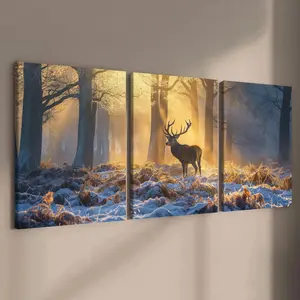 Wooden Framed Canvas Painting, 3 Counts/set Forest Deer Pattern Western Wall Art, Modern Art for Home Living Room Bedroom Office Decor