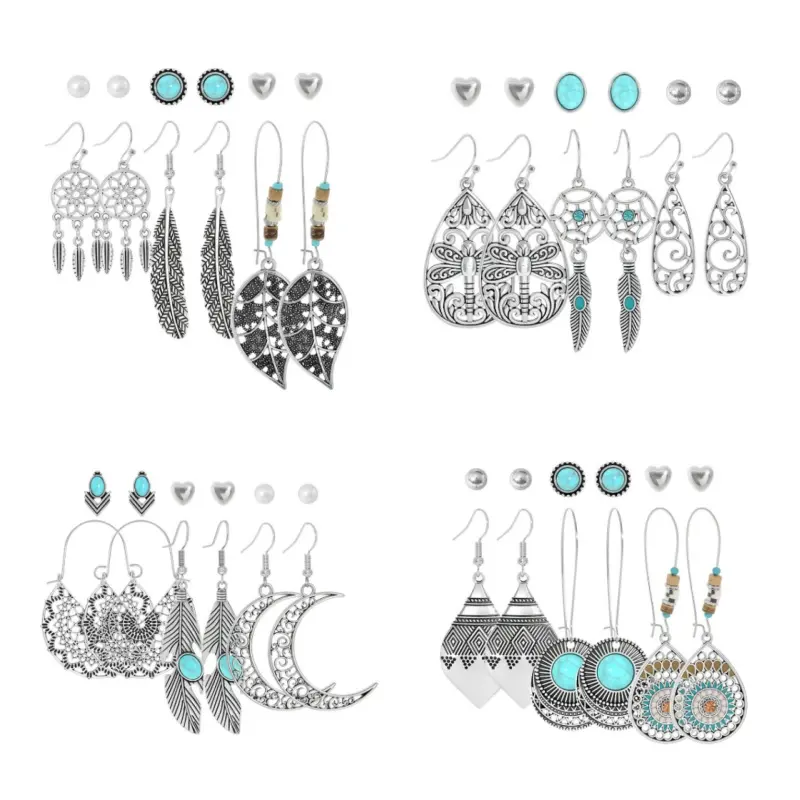 24 Pairs Silvery Drop Dangle Earrings Set for Women, Boho Vintage Bronze Waterdrop Dangling Earrings, Fashion Jewelry Bulk Set