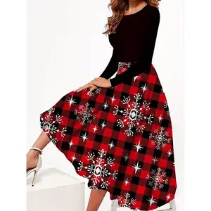 Plus Size Women's Winter Christmas Print Round Neck Long Sleeve Maxi Dress, Elegant Holiday Fashion, Perfect for Festive Season
