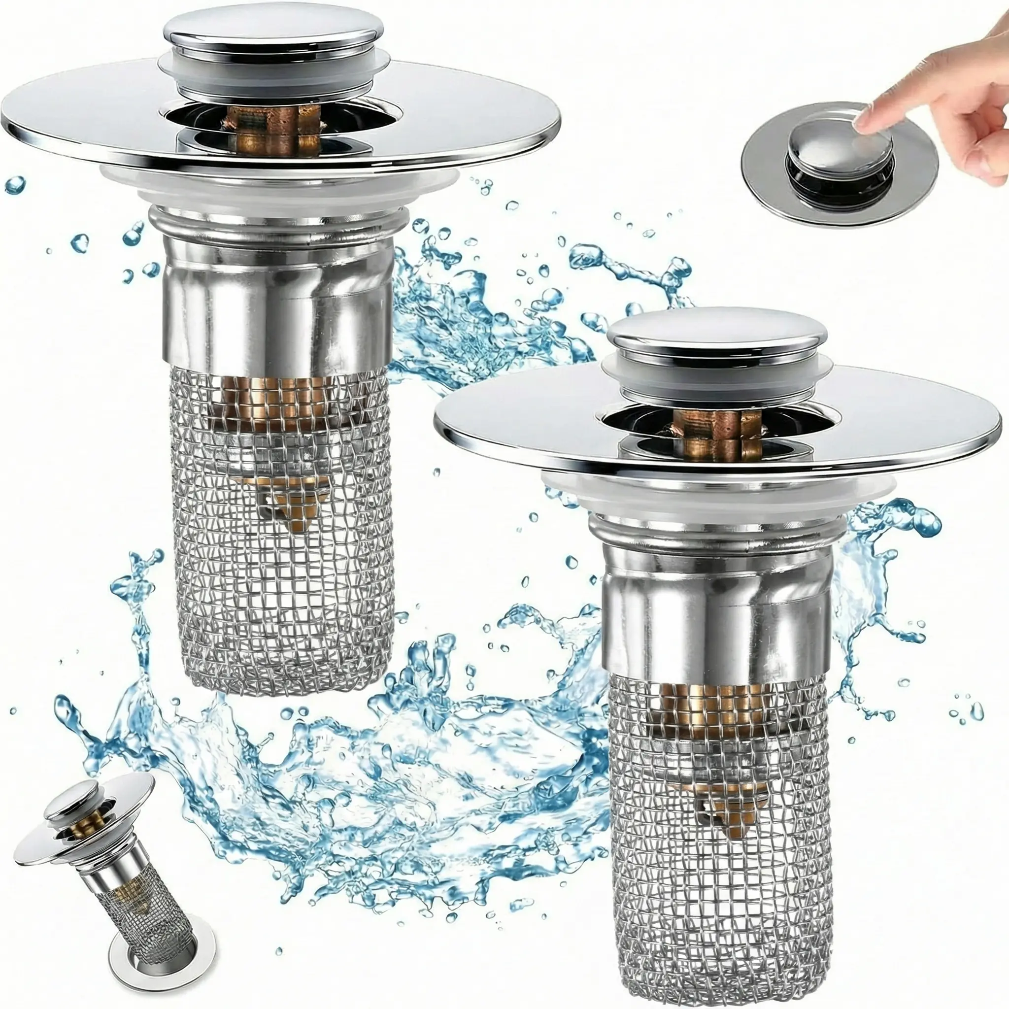 2-Pack Universal Bathroom Sink Drain Stopper with Hair Filter, Press-Type Pop-Up Drain Plug, Anti-Odor & Removable Strainer, Fits Most US Bathroom Sinks & Bathtubs
