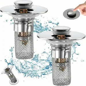 2-Pack Universal Bathroom Sink Drain Stopper with Hair Filter, Press-Type Pop-Up Drain Plug, Anti-Odor & Removable Strainer, Fits Most US Bathroom Sinks & Bathtubs
