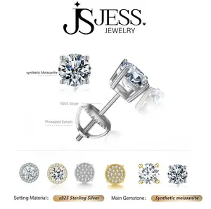 【#301】Unisex 4-Prong/Round Halo Stud Earrings, 0.1/0.3/0.5/1/2/3ct Synthetic Moissanite, Screw Back, 925 Sterling Silver, Pretty Studs for Women Men