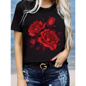 Women's Romantic Red Rose Printed T-Shirt 100% Cotton Crew Neck Short Sleeve Casual Top for Spring Summer
