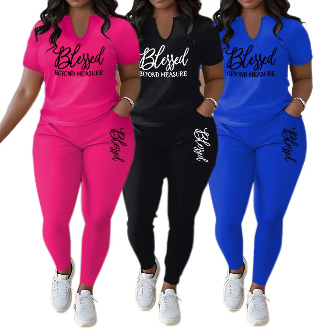 Plus Size Casual Loose Fit Solid Color  Letter Print Two Piece Set, V Neck Short Sleeve Top And Long Pants Clothing, Women's Plus Size Clothing Womenswear Fashion Suits Simple Soft Sun Comfort ，Casual Wear Suitable For a Vacation Fabric Light Summer