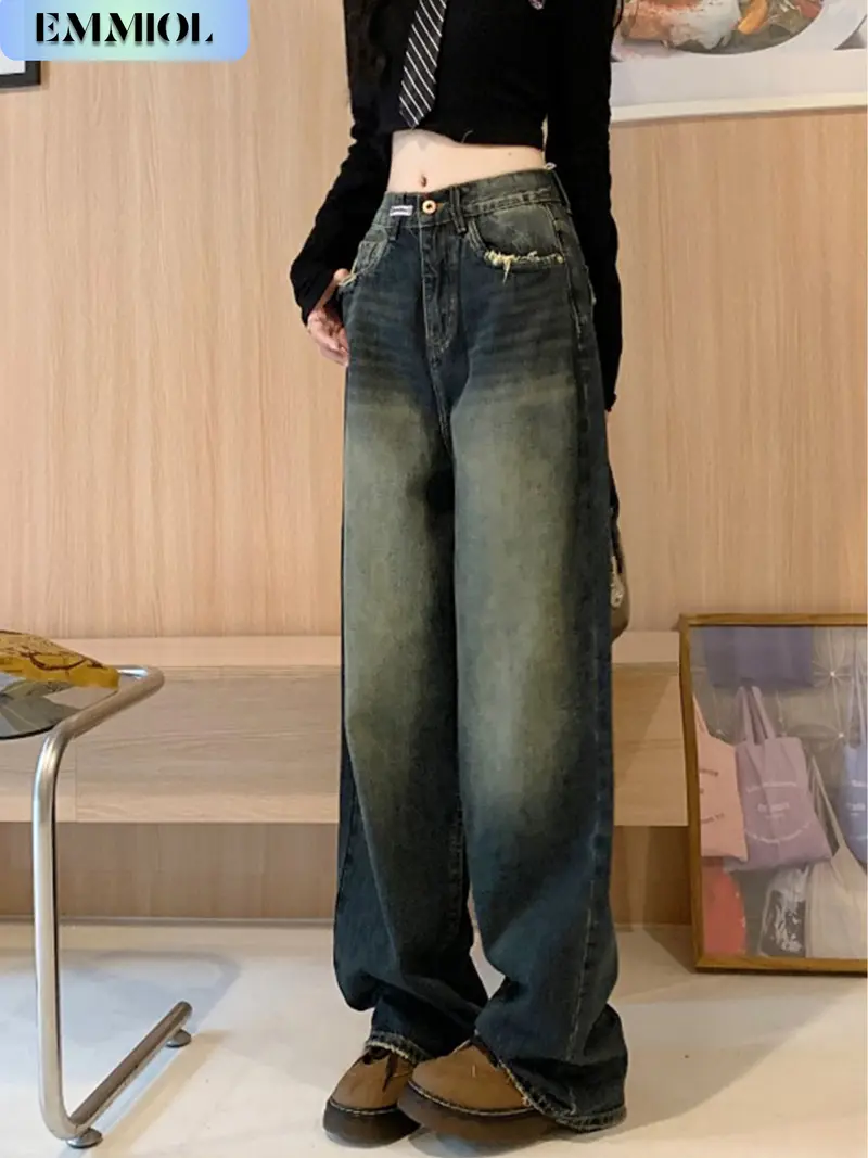 EMMIOL Wide Leg Baggy Jeans for Women – Y2K  Low Rise Denim jeans, Casual Streetwear 4 Pockets, Button Closure & Belt Loose Fit,baggy Fit Jean