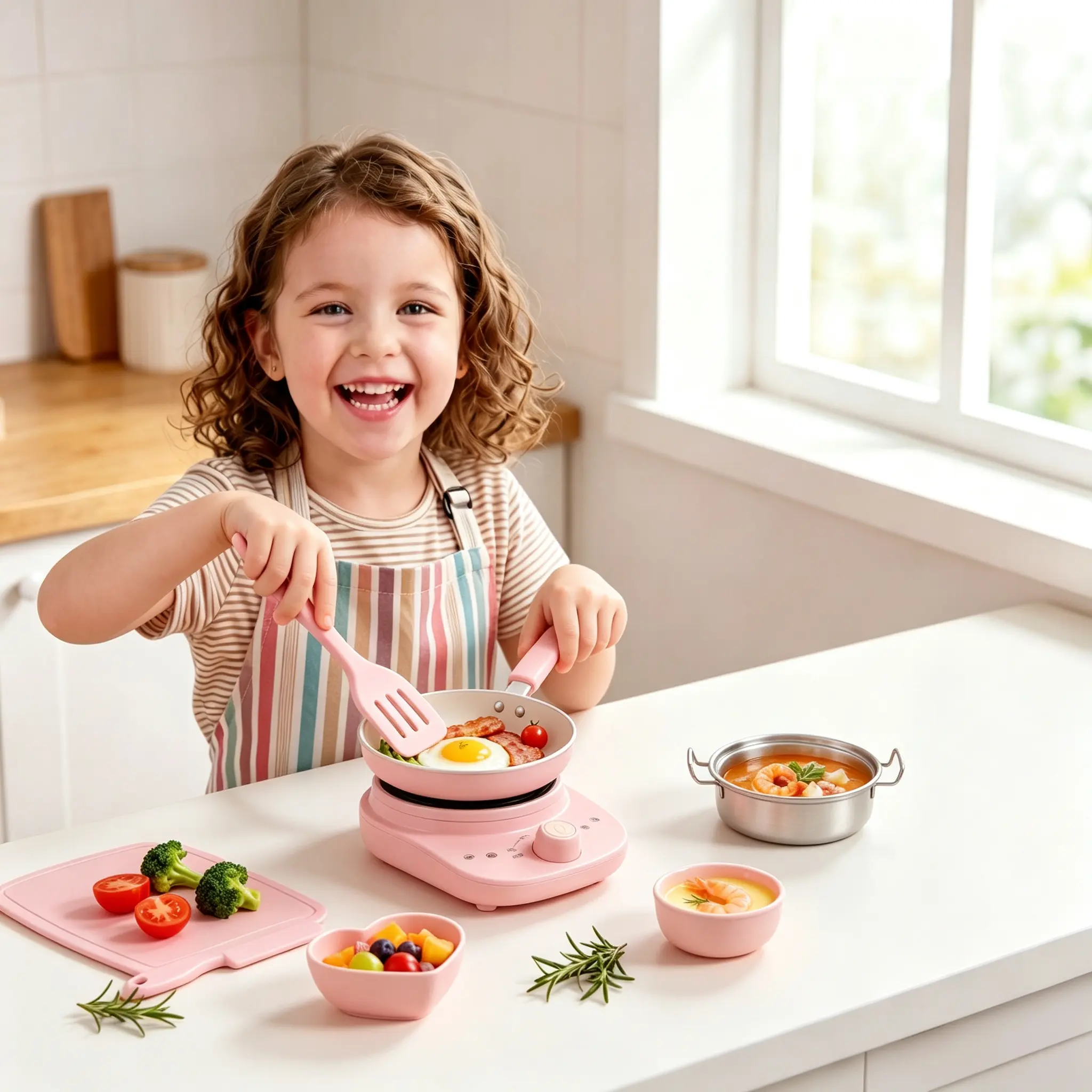 Children's Miniature Cooking Set - Safe Pretend Play Toddler Kitchen Toys with Kids Cooking Accessories, Children Development Toy, US Standard Adapter Included, Gift Ideas for Kids