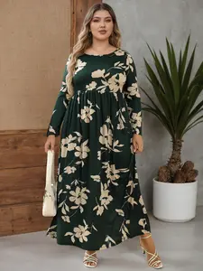 Women's Round Neck Stretchy Fitted Casual Long Plus Size Dress, Vintage Style Perfect for Weddings & Various Occasions, Comfortable Fabric