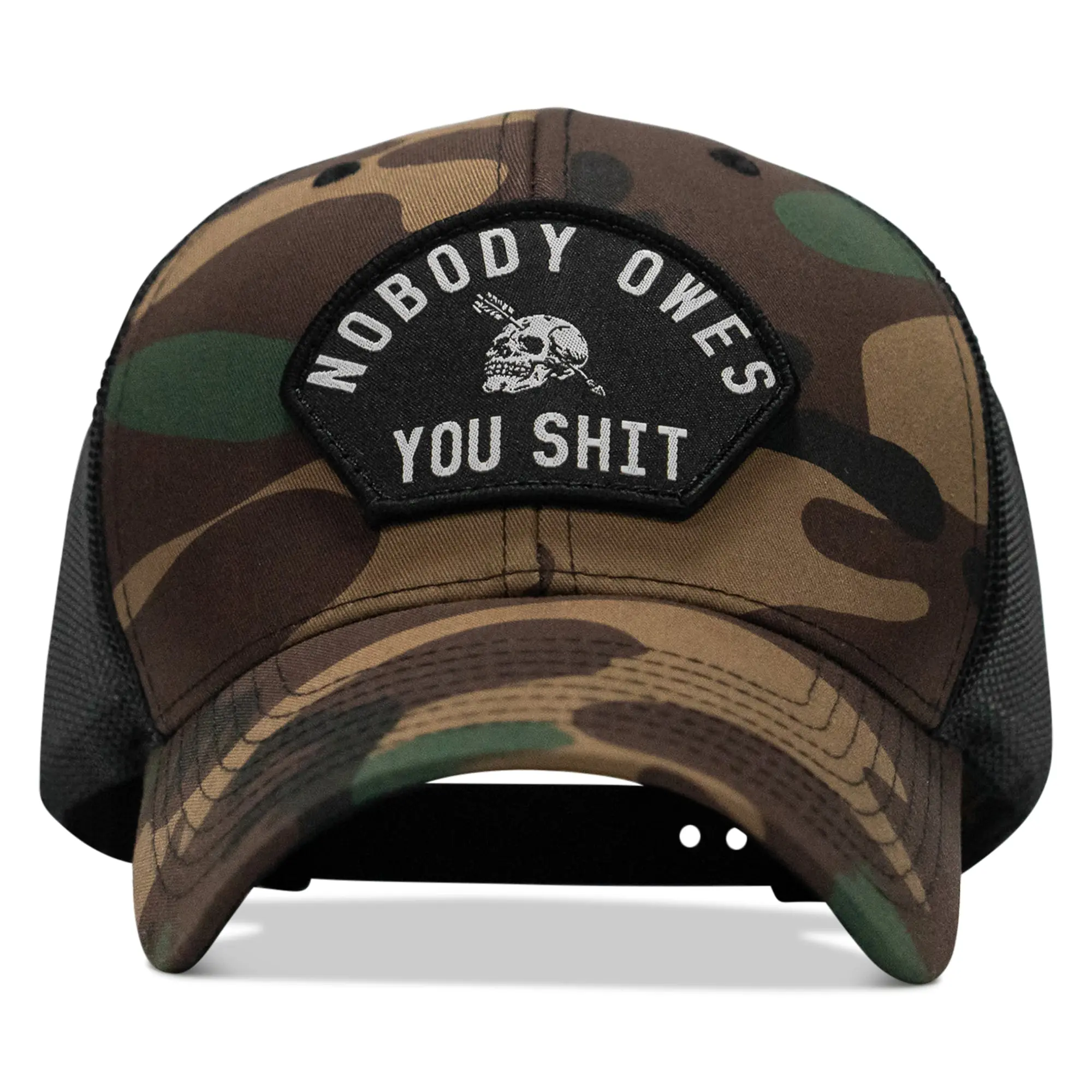 COMBAT IRON Adjustable Breathable Durable Baseball Cap - Snapback with Arched Skull Patch and "Nobody Owes You Shit" Slogan Design, Baseball Caps
