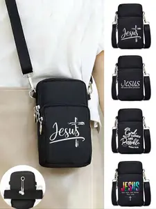 Jesus Cross Print Crossbody Bag, Mini Outdoor Sports Handbag Wallet With Earphone Hole, Mobile Phone Bag, Arm Bag, Coin Wallet Holder, Shoulder Bag, Adjustable Strap, Multiple Zippers, Multi Zipper Upright Wallet
