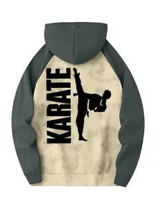 Men's Colorblock Drop Shoulder Fashion Hoodie, Comfortable Casual Daily Drawstring Hooded Sweatshirt, Karate Print, Front Kangaroo Pocket
