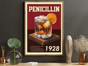 Penicillin 1928 Drink Canvas Print, Alcohol Poster Print, Bar Wall Art Decor