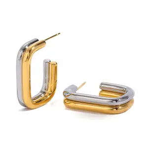 Mixed Metal Gold and Silver Rectangle Stud Earrings Water Resistant
