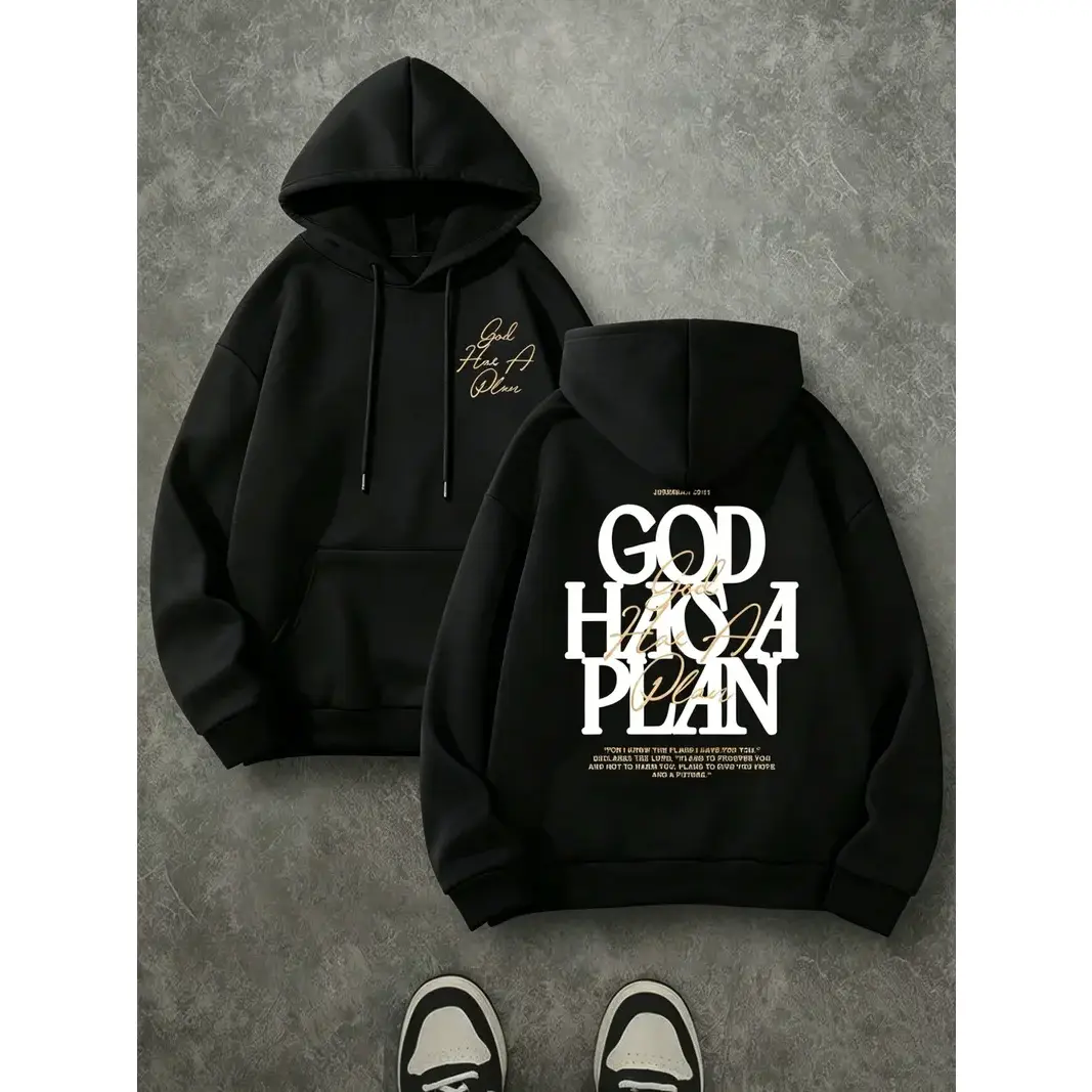 God Has A Plan Double Print Hoodie, 270G Brushed Fleece Christian Front Back Graphic Hooded Sweatshirt, Religious Faith Pullover, Soft Warm Casual Streetwear For Men Women