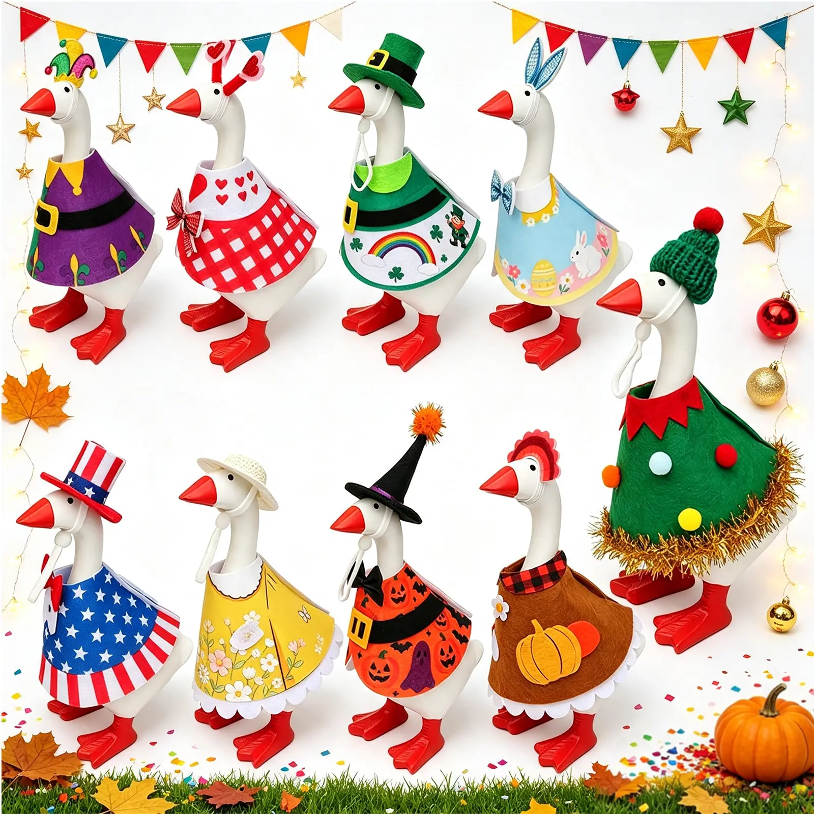 9 Sets Desk Goose Holiday Outfits Felt Clothes Accessories for 7 Inch Magnetic Desk Goose & Duck Statue Seasonal Decor for Independence Day Fall, Halloween Christmas
