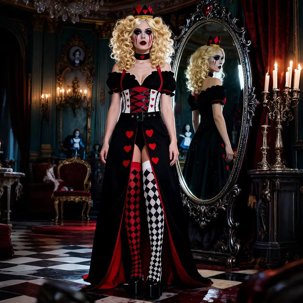 Adult Women’s Queen of Hearts Costume Dress, Playing Card Princess Cosplay Gown Set, Red Heart Fantasy Party Outfit for Halloween, Masquerade, Stage Shows and Themed Events S-2XL