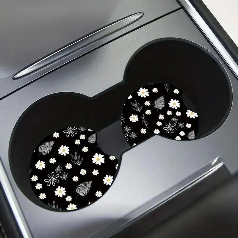 Flower Pattern Car Coasters, 1 Pair Waterproof Anti-slip Car Cup Mat, Auto Interior Decoration, Car Accessories