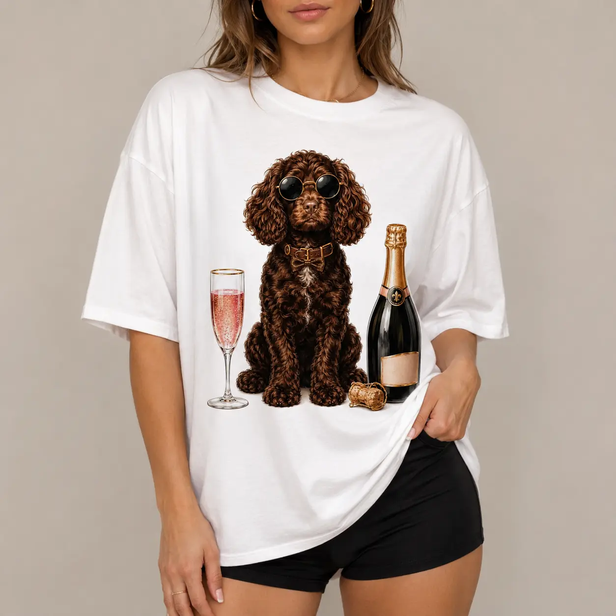 [100% Cotton] Champagne Dog T-Shirt, Funny Boykin Spaniel Graphic Tee, Animal Meme Shirt, Funny Wine Dog Tshirt, Silly Women's Short Sleeve Tee, Novelty Party Outfit, Gift For Dog Lovers and Wine Fans