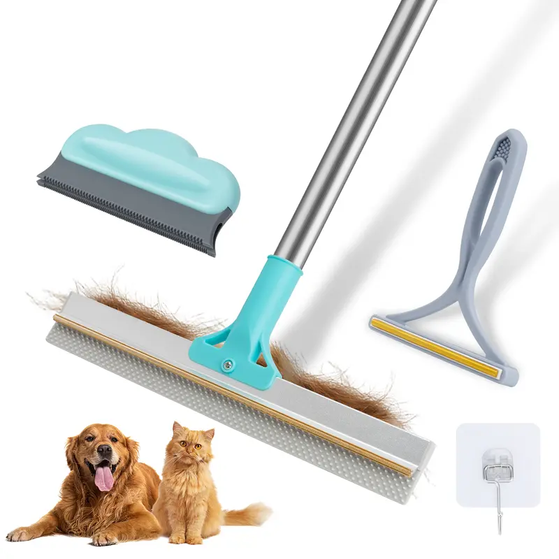 JAPIROC 3-Pack Adjustable Eco-Friendly Durable Carpet Rake & Shedding Grooming Kit - Extendable Rubber Broom with Dual-Surface, Scraper Brush, Deep-Cleaning Pet Hair Remover for Carpet, Car Mat, Couch