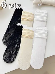 Women's Spring Summer Lace Hollow Out Socks, 6 Pairs Comfortable Breathable Ballet Style Mid-Calf Socks, Simple Plain Design