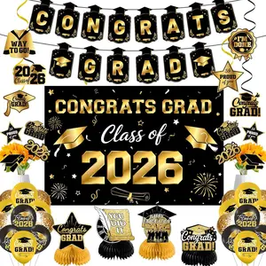 50 count Class of 2026 Graduation Decorations Set, Black  Graduation Party Kit with Balloons Banner Backdrop Centerpieces for Photo Booth Indoor Outdoor Celebration
