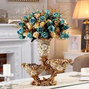 Homary Shinely 2-Tiered Gold & White Irregular Resin Fruit Basket with Vase, Home Organizer Snack Tray Decor