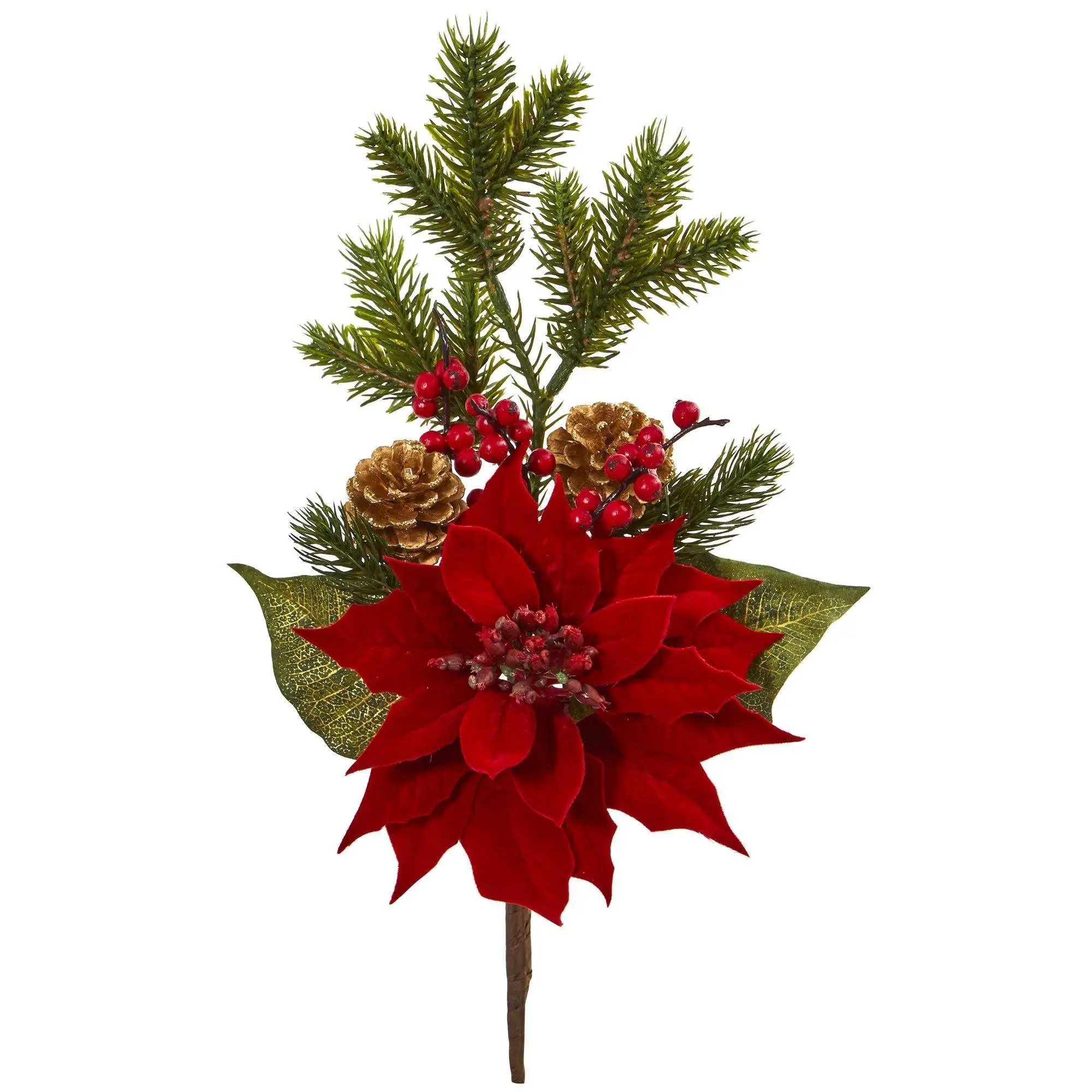 Decorative Artificial Poinsettia-Berry-Pine Bundle - 6-Piece, 17in, Holiday Home Decor for Table Floral Arrangements, Fireplace Mantel Plants