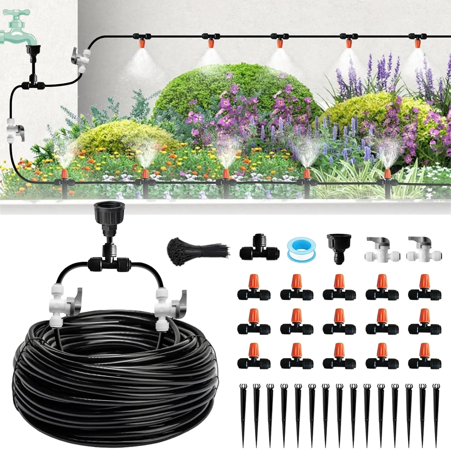 Mist Drip Irrigation System for Garden Watering 60FT, Quick-Connect Micro Misting kit for Greenhouse,Plant,Raised Bed,Vegetable,Flower. Hanging or Inground Misters Sprinkler,Sistema De Riego Por Goteo irrigation kit